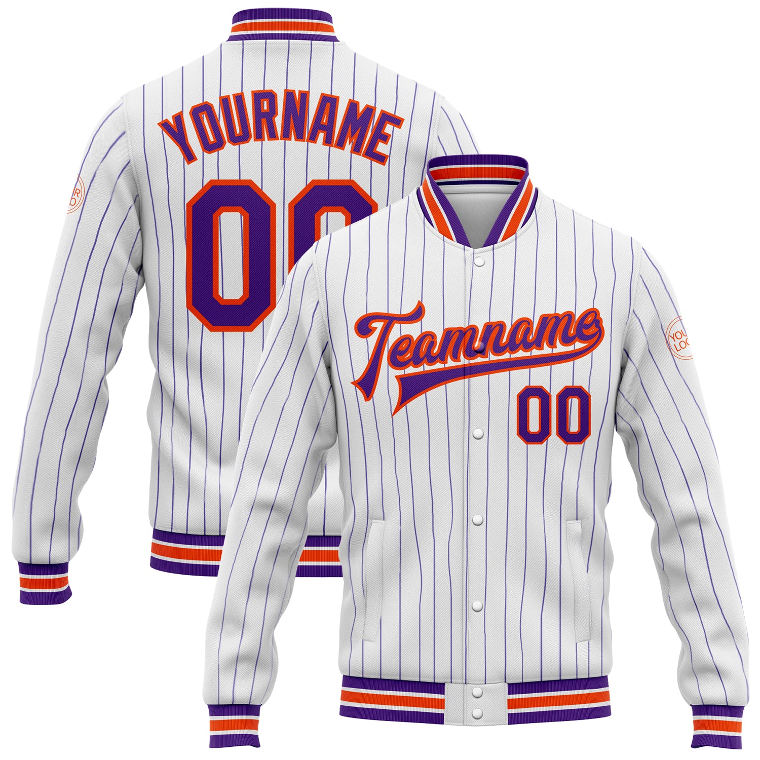 Custom Name Number White Purple Pinstripe Orange Varsity Letterman Bomber Jacket - Personalized Full-Snap Team Jacket Personalized