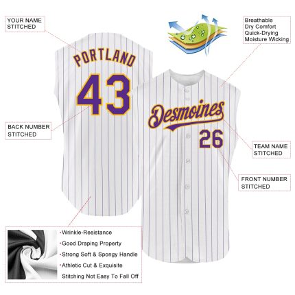 Custom Pinstripe Baseball Jersey - Personalized White Purple Pink Sleeveless with Name and Number Personalized White Purple