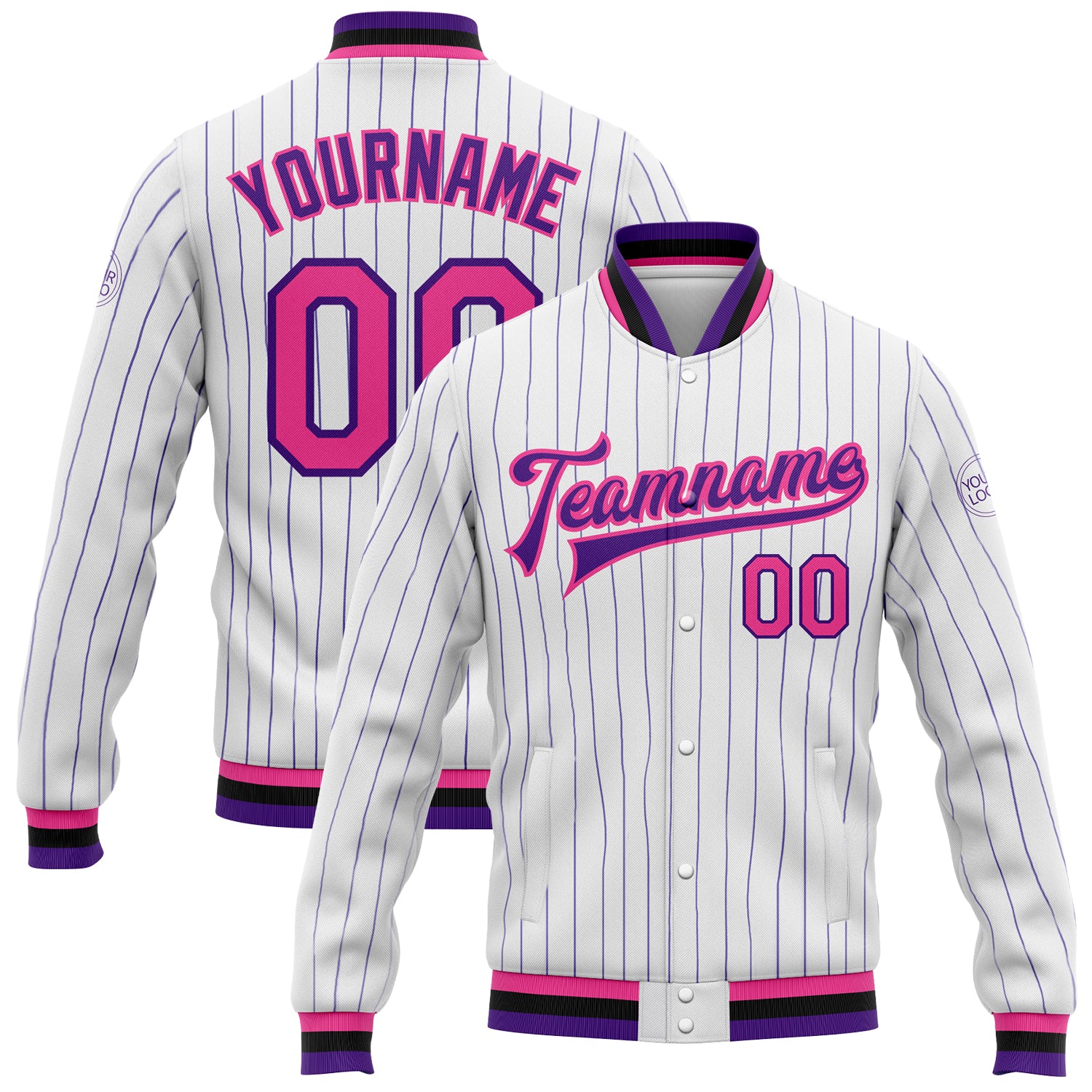 Custom Name Number Pinstripe Bomber Jacket White Purple Pink Black Full-Snap Varsity Letterman Personalized White Purple