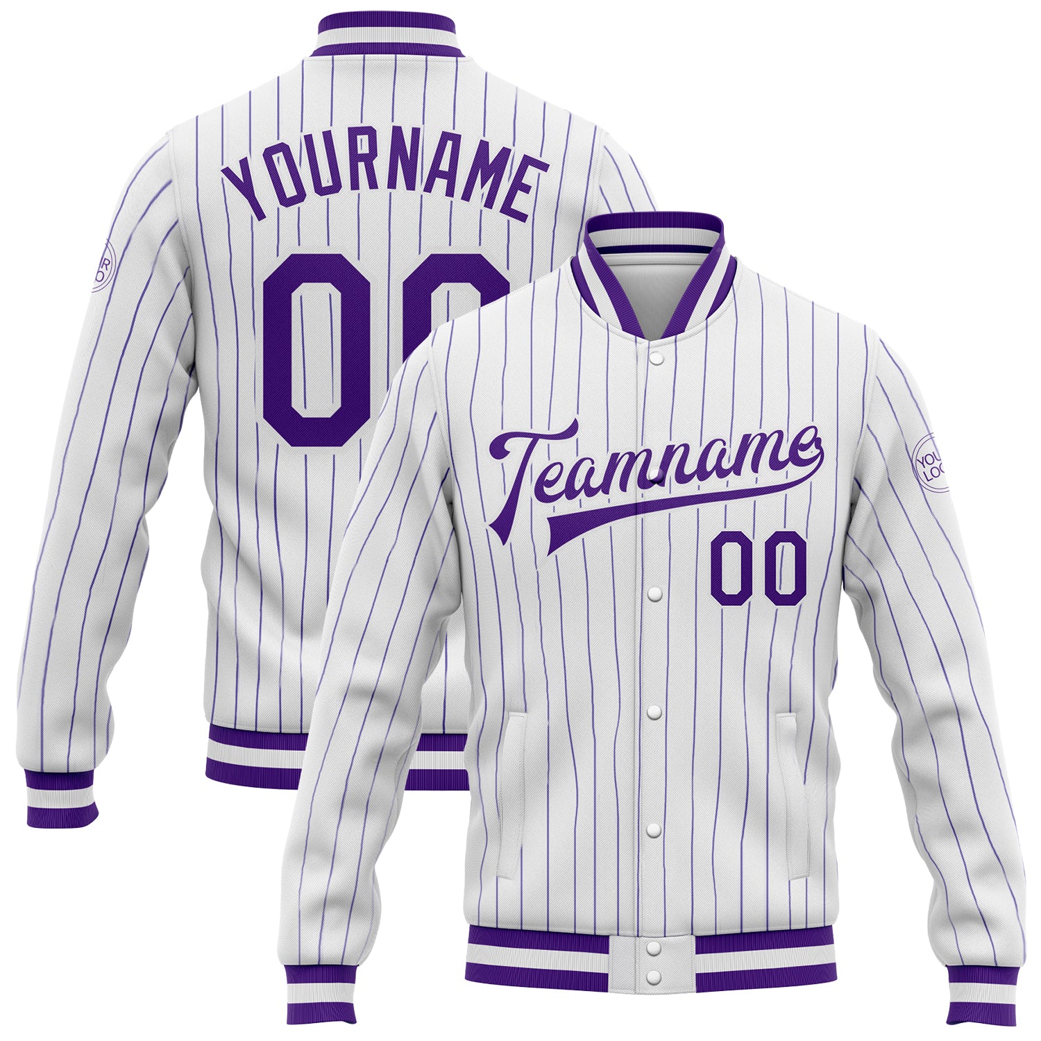 Custom Name and Number Varsity Letterman Jacket - Personalized White Purple Pinstripe Full-Snap Bomber Personalized White