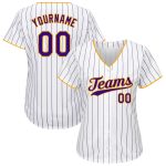 Personalized Purple-Gold Authentic Baseball Jersey - White Purple Pinstripe Design Personalized White Purple Pinstripe Purple-Gold
