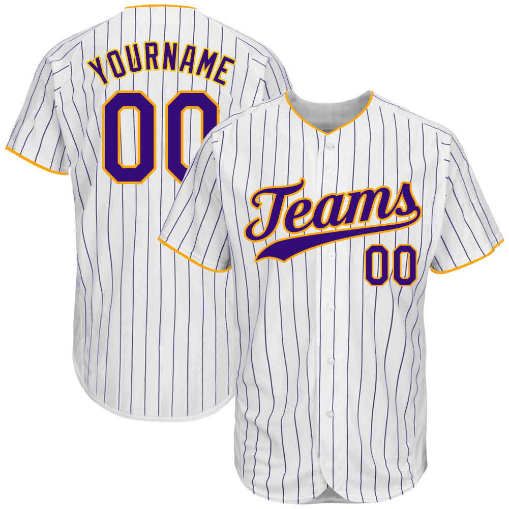 Personalized Purple-Gold Authentic Baseball Jersey - White Purple Pinstripe Design Personalized White Purple Pinstripe Purple-Gold