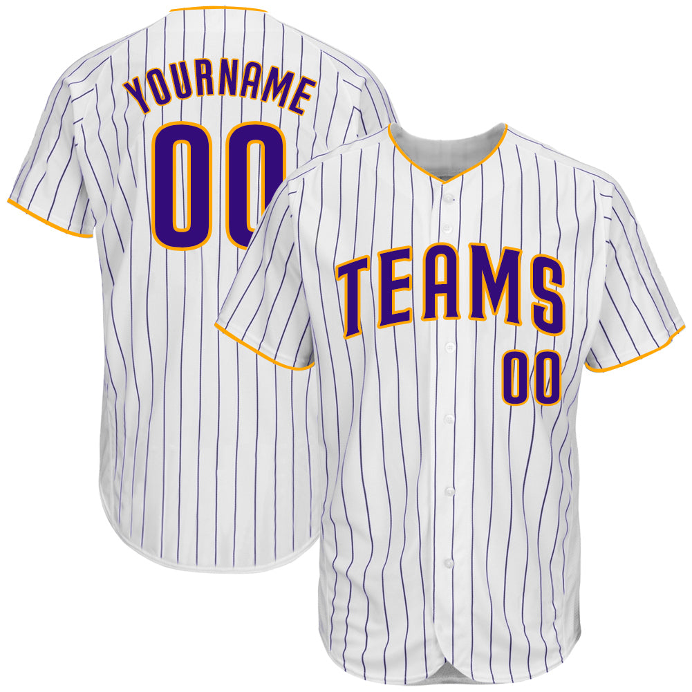 Custom Authentic Baseball Jersey with Personalized Name and Number - White Purple Pinstripe, Team Colors Purple-Gold Personalized