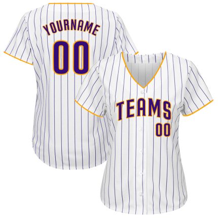 Custom Authentic Baseball Jersey with Personalized Name and Number - White Purple Pinstripe, Team Colors Purple-Gold Personalized