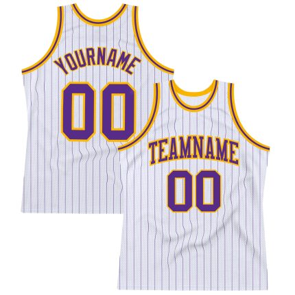 Personalized Purple Gold Basketball Jersey with White Purple Pinstripes Personalized White Purple Pinstripe Purple-Gold Authentic