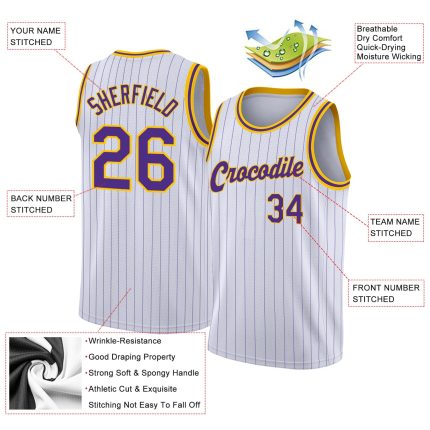 Custom Name Number Purple Gold Basketball Jersey White Purple Pinstripe Authentic Team Personalized White Purple Pinstripe
