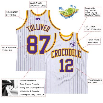 Personalized Purple Gold Basketball Jersey with White Purple Pinstripes Personalized White Purple Pinstripe Purple-Gold Authentic