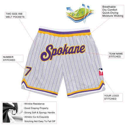 Custom Name and Number Personalized Purple-Gold Basketball Shorts - White Purple Pinstripe Authentic Team Gear Personalized