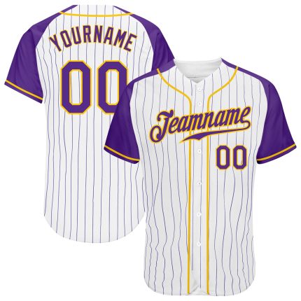 Custom Name Number Personalized Purple Gold Pinstripe Baseball Jersey for Team Authentic Raglan Sleeves Personalized White
