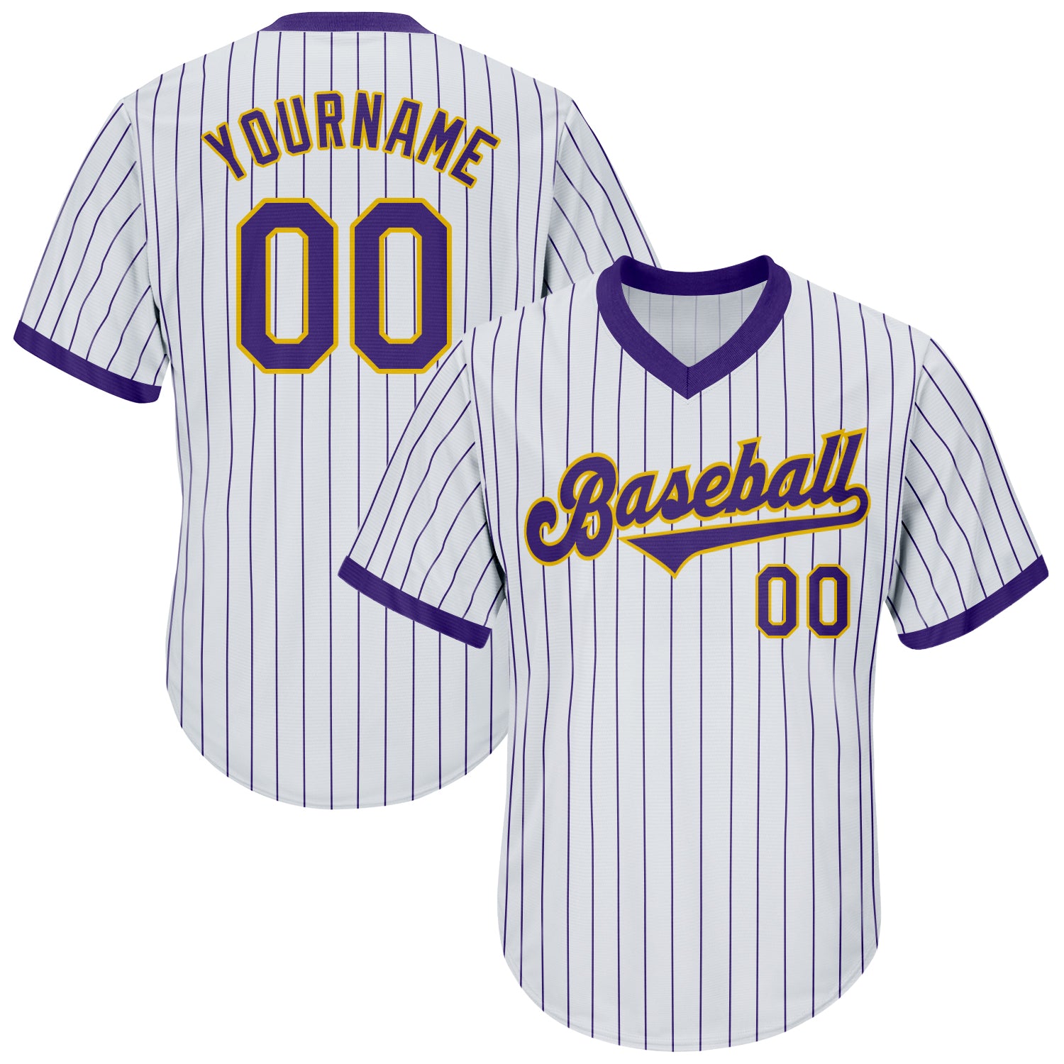 Customizable Baseball Jersey Shirt with Personalized Name & Number - Authentic White Purple Pinstripe Rib-Knit Design Personalized