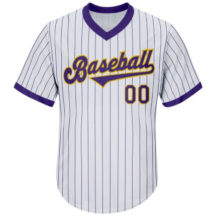 Customizable Baseball Jersey Shirt with Personalized Name & Number - Authentic White Purple Pinstripe Rib-Knit Design Personalized