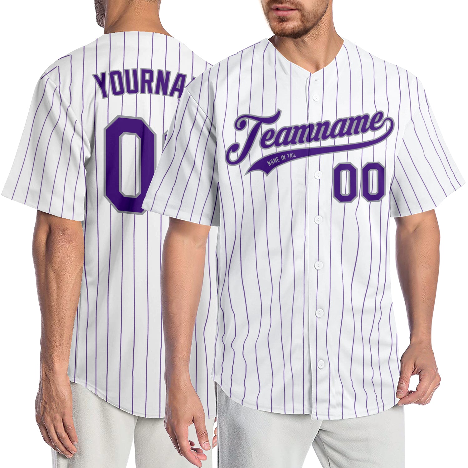 Custom Name Number Purple Gray White Pinstripe Baseball Jersey - Personalized Authentic Team Apparel Personalized White Purple