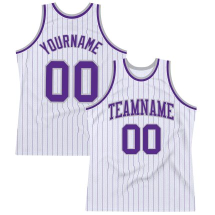 Custom Name and Number Basketball Jersey in White and Purple Pinstripe - Personalized Purple-Gray Authentic Team Jersey Personalized