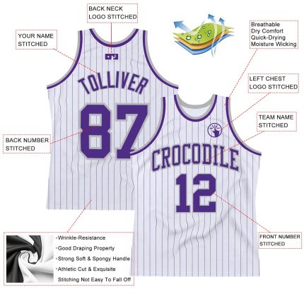 Custom Name and Number Basketball Jersey in White and Purple Pinstripe - Personalized Purple-Gray Authentic Team Jersey Personalized