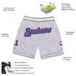 Custom Team Authentic Basketball Shorts with Personalized Name and Number - White Purple Pinstripe Purple-Gray Design Personalized