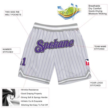 Custom Team Authentic Basketball Shorts with Personalized Name and Number - White Purple Pinstripe Purple-Gray Design Personalized