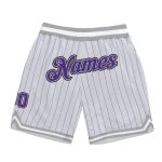 Custom Team Authentic Basketball Shorts with Personalized Name and Number - White Purple Pinstripe Purple-Gray Design Personalized