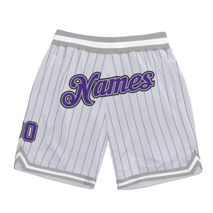 Custom Team Authentic Basketball Shorts with Personalized Name and Number - White Purple Pinstripe Purple-Gray Design Personalized