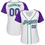 Custom Personalized Baseball Jersey with Raglan Sleeves in White Purple Pinstripe and Kelly Green - Team Name and Number