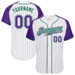 Custom Personalized Baseball Jersey with Raglan Sleeves in White Purple Pinstripe and Kelly Green - Team Name and Number