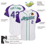 Custom Personalized Baseball Jersey with Raglan Sleeves in White Purple Pinstripe and Kelly Green - Team Name and Number