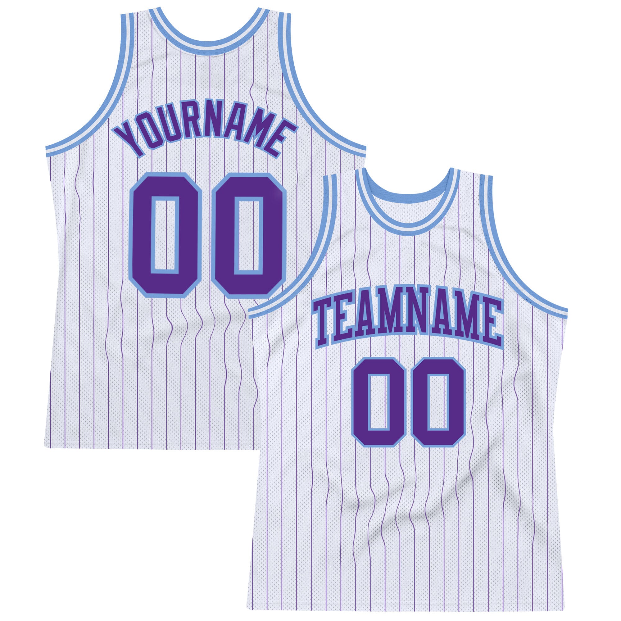 Custom Personalized Basketball Jersey with Purple Light Blue Pinstripes - Team Name & Number Personalized White Purple Pinstripe