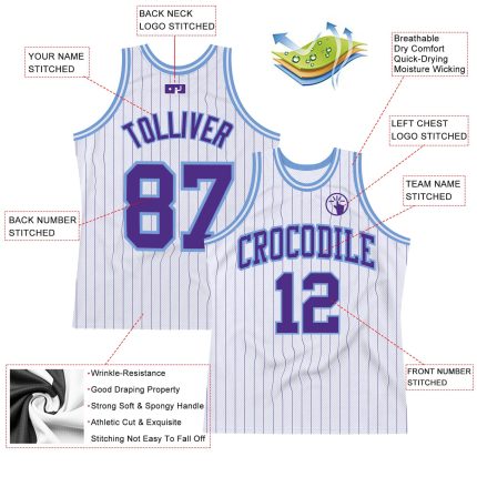 Custom Personalized Basketball Jersey with Purple Light Blue Pinstripes - Team Name & Number Personalized White Purple Pinstripe