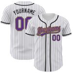 Custom Team Baseball Jersey with Personalized Name and Number in White Purple Pinstripe and Old Gold-Black Personalized White