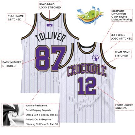 Personalized Custom Basketball Jersey with Name and Number - White Purple Pinstripe Old Gold-Black Authentic Personalized