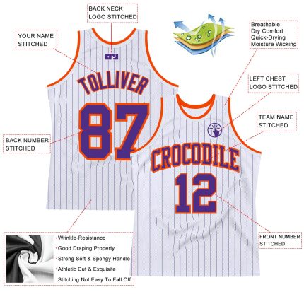 Personalized Purple Orange Pinstripe Basketball Jersey Custom Name and Number - Authentic Team Apparel Personalized White
