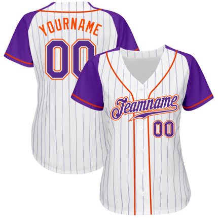 Custom Team Name and Number Baseball Jersey - Personalized White Purple Pinstripe Raglan Sleeves Personalized White Purple
