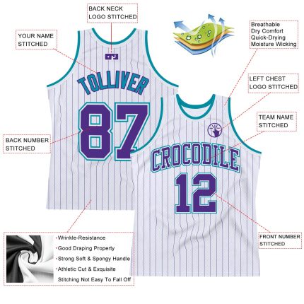 Custom Name and Number Personalized Purple-Turquoise Basketball Jersey - White Purple Pinstripe Authentic Design Personalized