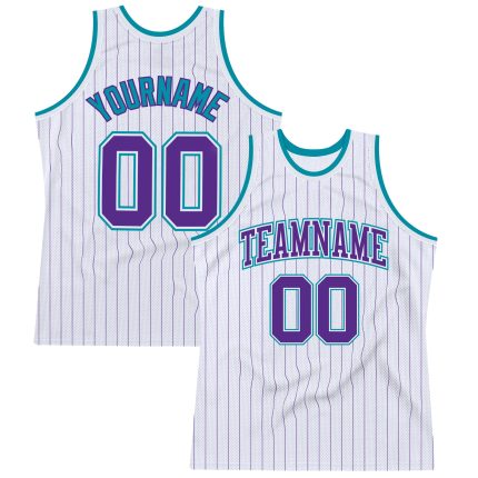 Custom Name and Number Personalized Purple-Turquoise Basketball Jersey - White Purple Pinstripe Authentic Design Personalized