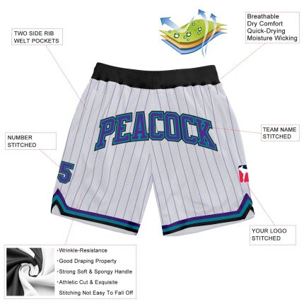 Custom Basketball Shorts with Personalized Name and Number, White Purple Pinstripe Design, Authentic Team Apparel Personalized