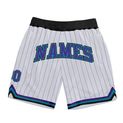 Custom Basketball Shorts with Personalized Name and Number, White Purple Pinstripe Design, Authentic Team Apparel Personalized
