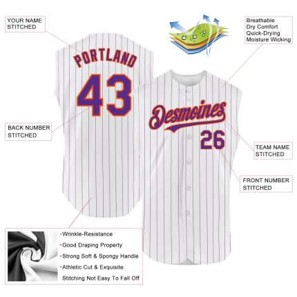 Custom Sleeveless Baseball Jersey with Personalized Name and Number, White Purple Pinstripe Teal Color Personalized White