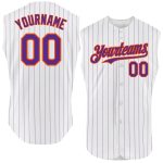Custom Sleeveless Baseball Jersey with Personalized Name and Number, White Purple Pinstripe Teal Color Personalized White