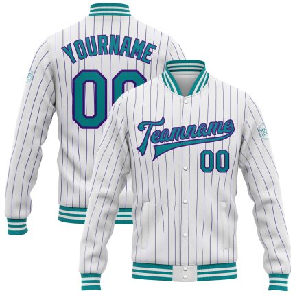 Custom Team Name and Number Bomber Jacket - Personalized White Purple Pinstripe Full-Snap Varsity Letterman Personalized