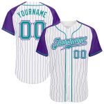 Custom Name Number Baseball Jersey Teal Purple White Pinstripe Authentic Raglan Sleeves Personalized White Purple Pinstripe