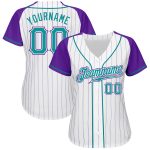 Custom Name Number Baseball Jersey Teal Purple White Pinstripe Authentic Raglan Sleeves Personalized White Purple Pinstripe