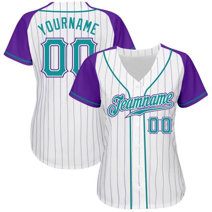 Custom Name Number Baseball Jersey Teal Purple White Pinstripe Authentic Raglan Sleeves Personalized White Purple Pinstripe