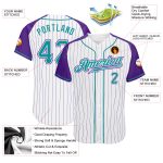 Custom Name Number Baseball Jersey Teal Purple White Pinstripe Authentic Raglan Sleeves Personalized White Purple Pinstripe
