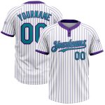 Custom Name and Number Unisex Softball Jersey, Teal with White Purple Pinstripe, Two-Button Design Personalized White Purple