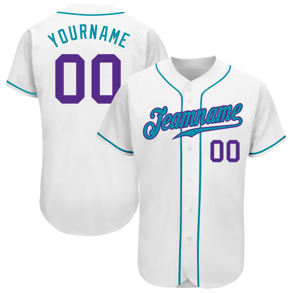 Custom Name and Number Personalized Baseball Jersey - Authentic Team White Purple Teal Personalized White Purple-Teal Authentic