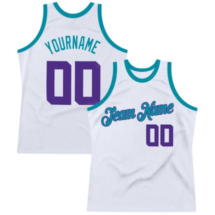 Custom Name and Number Personalized Throwback Basketball Jersey - White Purple Teal Style Personalized White Purple-Teal