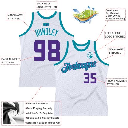 Custom Name and Number Personalized Throwback Basketball Jersey - White Purple Teal Style Personalized White Purple-Teal