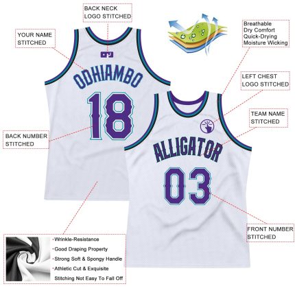 Personalized Authentic Basketball Jersey in White Purple Teal - Throwback Design Personalized White Purple-Teal Authentic