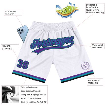 Custom Team Basketball Shorts with Name and Number - Personalized White Purple Teal-Black Throwback Design Personalized White
