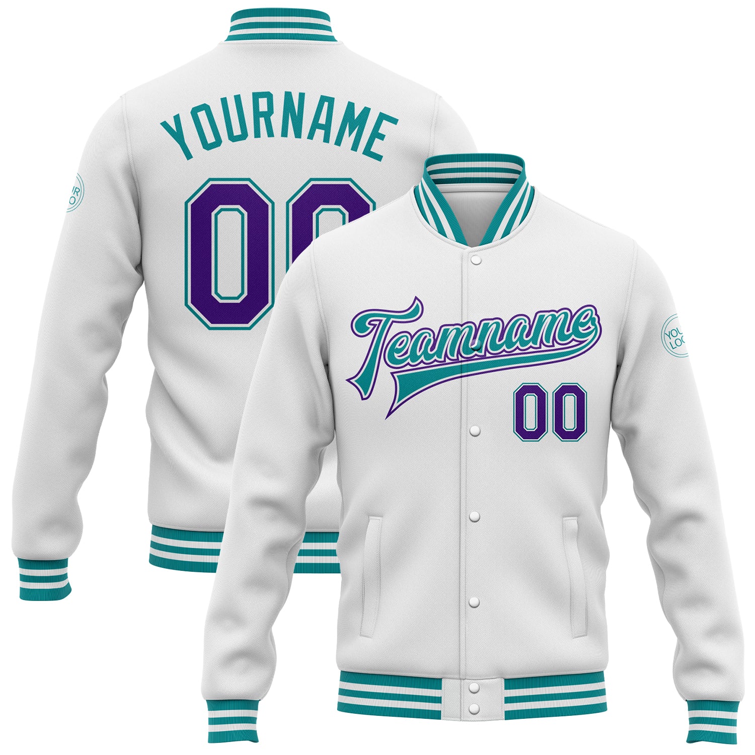 Custom Name Number Bomber Jacket White Purple Teal Full-Snap Varsity Letterman Personalized Team Apparel Personalized White