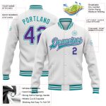 Custom Name Number Bomber Jacket White Purple Teal Full-Snap Varsity Letterman Personalized Team Apparel Personalized White